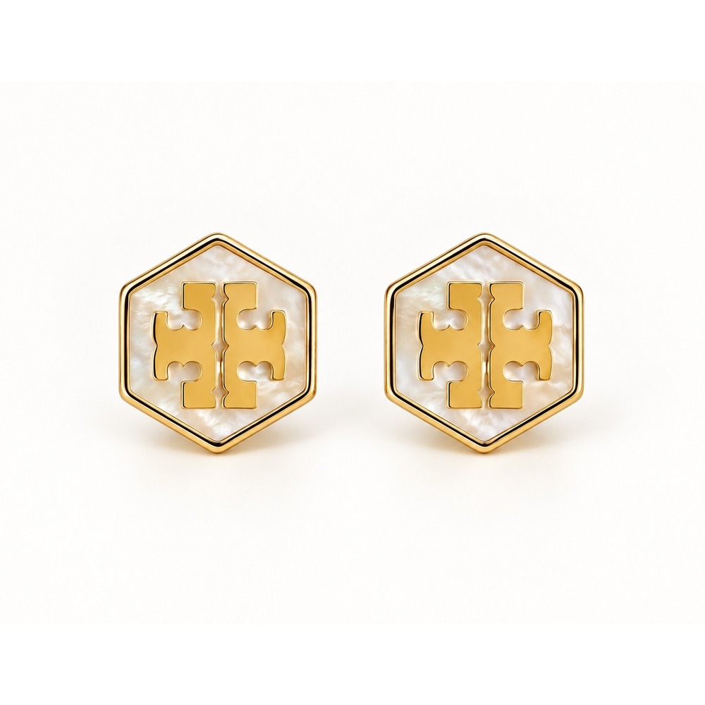 Tory Burch Hexagon Mother of Pearl Stud Earrings / NWT & Dustbag Included